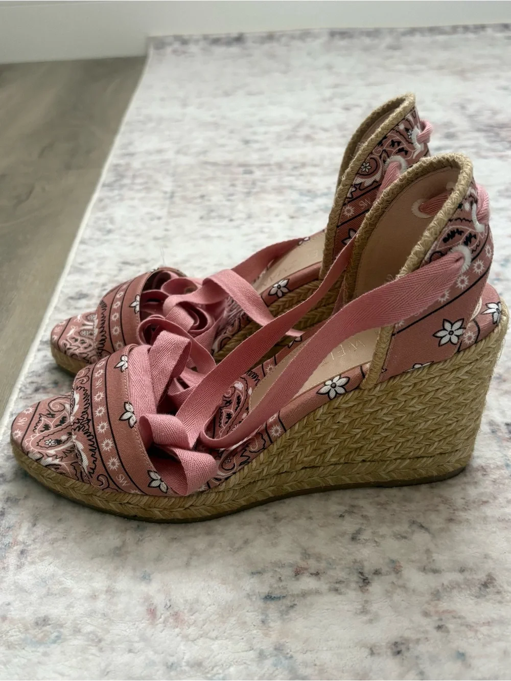 STUART WEITZMAN, Authentic Illeana Lace Up Wedges, Pink Paisley Bandana Print - Picture 3 of 7
